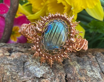 Copper labradorite bracelet - gemstone bracelet - blue high shine labradorite cuff bracelet