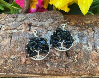 Wiccan Pagan Earrings, Black Obsidian Tree Earrings, Samhain Wire Tree Earrings, Silver Wire Earrings, Nature Tree, Hippy Festival Earrings.