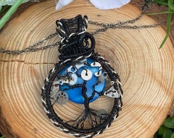 Black steampunk tree of life pendant - tree of life necklace - tree necklace - steampunk necklace - blue shell moon - witchy tree necklace