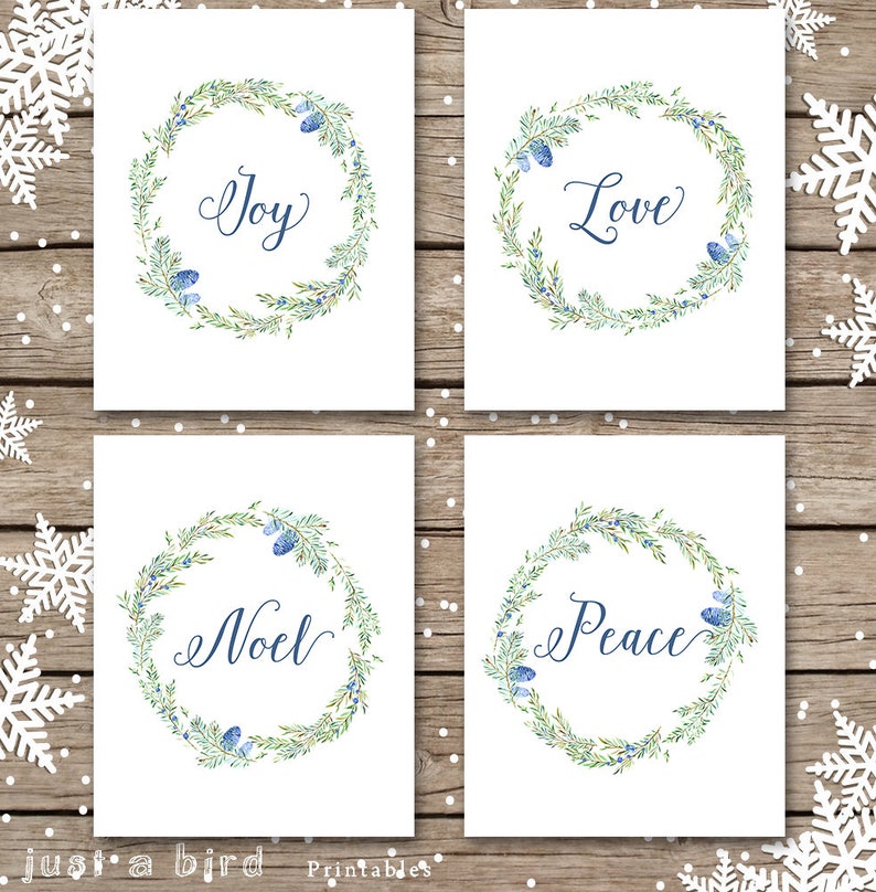 Printable Wall Art Set Joy Love Noel Peace Holiday Decor Blue Poster Decoration Wreath