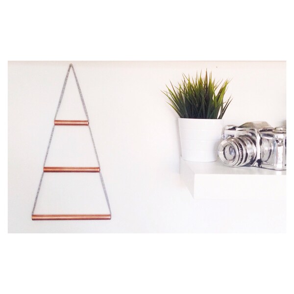 Triangle copper pipe and t shirt / fabric yarn wall hanging. Industrial unique modern chic wall decor