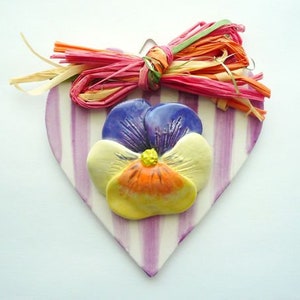 heart with ceramic pansy to hang - ceramic wall heart - collectible heart - gift idea for a friend or Mother&#39;s Day - ceramic