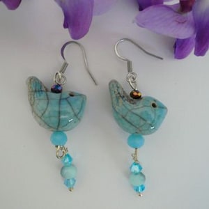 dangle earrings with blue bird in raku ceramic - earrings with blue bird - raku dangle earrings