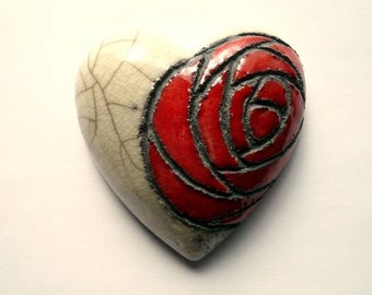 heart with red rose in raku ceramic - gift idea for friend, colleague, mother, - gift for her - Mother's Day gift - wall decoration