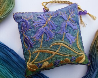 Embroidered BLUEBELLS Lavender Bag as a lovely scented gift. Blue and gold colours