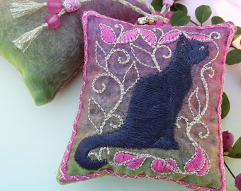 BLACK CAT, Embroidered  Lavender Bag, pink and gold colours, perfect gift for cat lovers