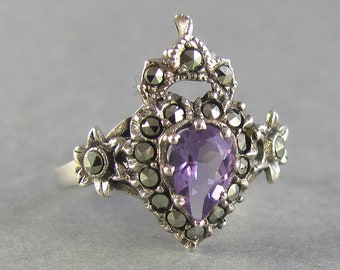 CROWNED heart promise ring, vintage sacred heart amethyst and marcasite engagement ring, unique silver and purple gemstone gift for her ring