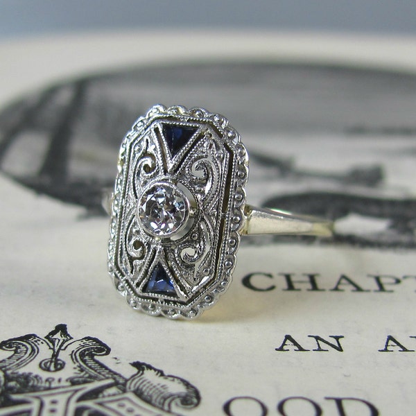 STUNNING Art Deco antique 14k gold diamond and sapphire engagement ring, filigree ring, vintage stacking ring, statement ring, wedding ring.