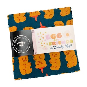 May include: A stack of 42 fabric squares, 5 inches each, featuring a repeating pattern of orange gummy bears and ketchup bottles on a teal background. The label reads "Egg and Friends by Kimberly Kight."