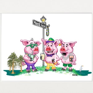 Three Little Pigs Mardi Gras Party Color Cartoon/Illustration Signed by Artist, Southworth Heavy Linen Paper