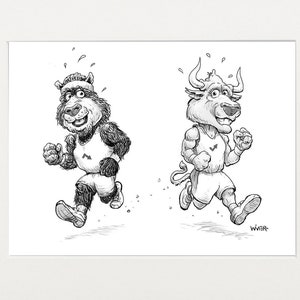 Bull 'n Bear Race Stock Market Cartoon Illustration Signed by Artist Print, Southworth Heavy Linen Paper
