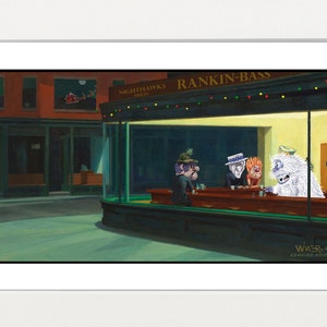Classic Holiday Characters Meet Edward Hopper Christmas Card Mashup Illustration Signed Print, Framed, Large Print, Poster,