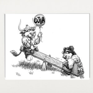 Bull 'n Bear シーソー株式市場漫画、アーティストのサイン入りプリント、サウスワース厚手リネン紙