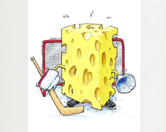 Swiss Cheese Hockey Goalie Art Print: Signed Humor Illustration