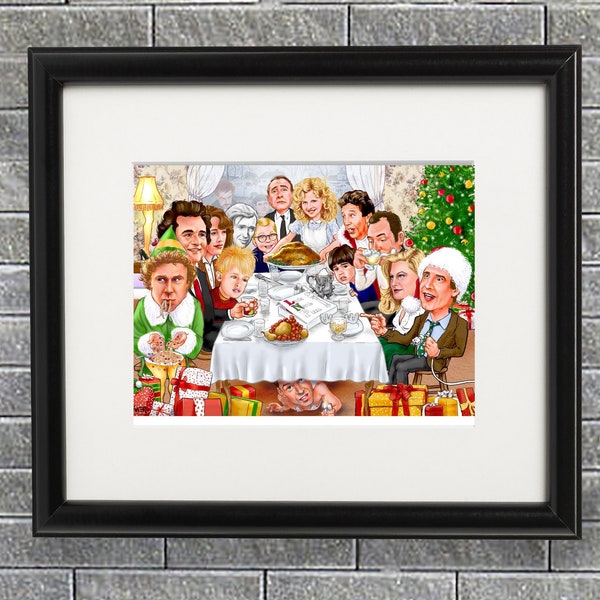 Mashup van personages uit Rockwell-kerstfilm: gesigneerde kunstafdruk