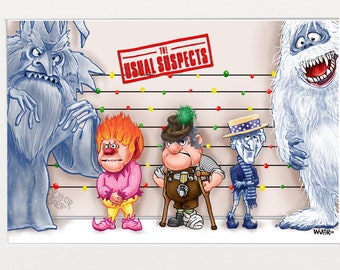 Usual Christmas Suspects: Rankin Bass Villain Characters meet Usual Suspects Cartoon Signed Print, Southworth Heavy Linen Paper