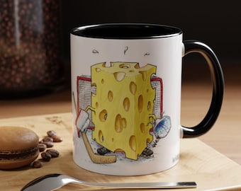 Tasse à café décorative de gardien de but de hockey Swiss Cheese, rouge et noir, passe au lave-vaisselle/micro-ondes, 11 oz