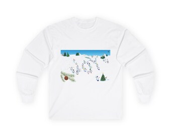 Maglietta a maniche lunghe con pupazzo di neve e scritta "Holiday Joy" - Regalo accogliente, maglietta unisex, abbigliamento per le feste, disegno con paesaggio innevato, moda invernale