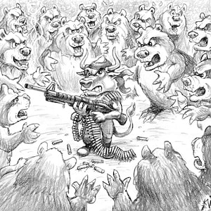 Bull v Bear Rambo Style Stockmarket/Business Cartoon Signed Print, Business Gift, Southworth Heavy Linen Paper