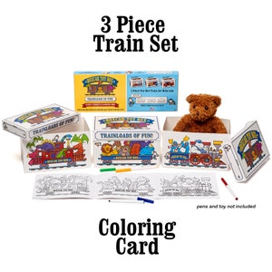 May include: A 3-piece train set with colorful illustrations of trains and animals. The set includes three boxes, each with a different train design, and a coloring card with three train designs. The text on the boxes reads "Trainloads of Fun!" and "Boxcar Toy Box".