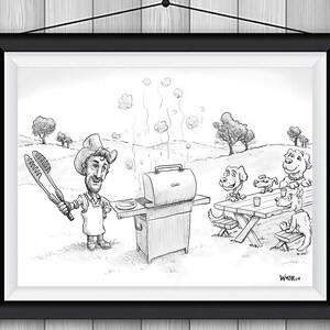 BBQ Dogs Cartoon Podpisany wydruk, papier Southworth Heavy Linen