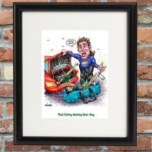 Signed &quot;Stinky Hockey Gear Guy&quot; Cartoon Print: Sports Art