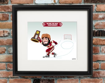 Divertente stampa Pioneer 10X Hockey Championship: illustrazione autografata del cartone animato