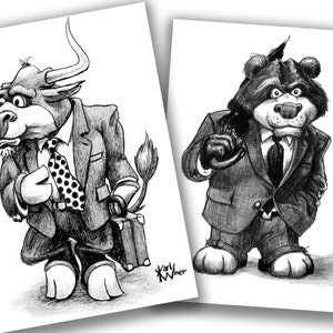 Bull and Bear in Suits 2 Print Bundle Stockmarket/Business Cartoon Signed by Artist Print, Business Gift, Southworth Heavy Linen Paper
