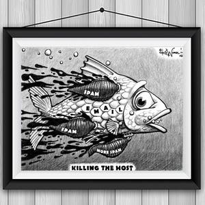 Spam Leech Business Cartoon Signed by Artist Print, Southworth Heavy Linen Paper