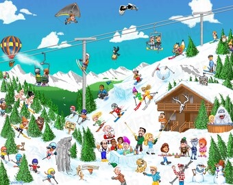 Illustrazione di montagna sciistica e divertente per le vacanze, stampa firmata, incorniciata, poster, opzioni di tela avvolta