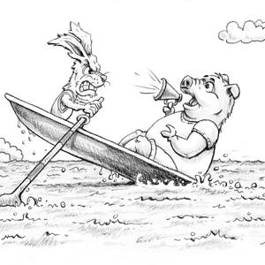 Pig Rabbit Crew Cartoon Illustration Signed by Artist Print, Southworth Heavy Linen Paper