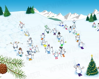 Illustrazione artistica da parete con pupazzo di neve, vacanza sugli sci e gioia, stampa firmata, incorniciata, poster, opzioni di tela avvolta