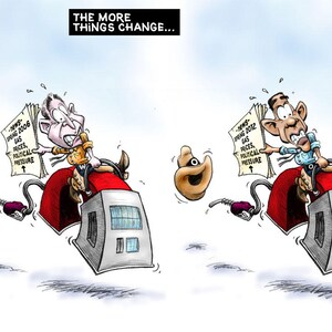 Gas Pump Broncos Bush Obama Editorial Cartoon Signed by Artist, Southworth Heavy Linen Paper