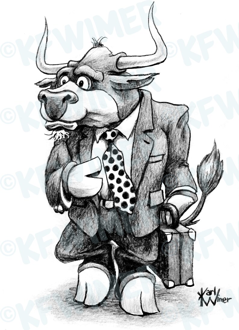Bull in Suit StockmarketBusiness Cartoon Signed by Artist Print Southworth Heavy Linen Paper Business Gift