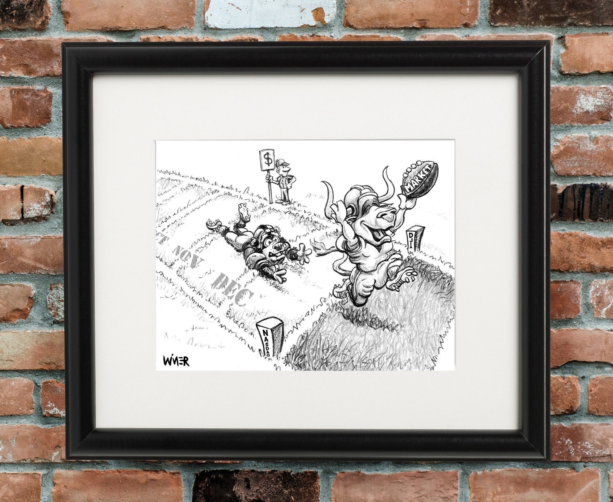 Bull and Bear Stock Market Cartoon Print Signed on Southworth Linen