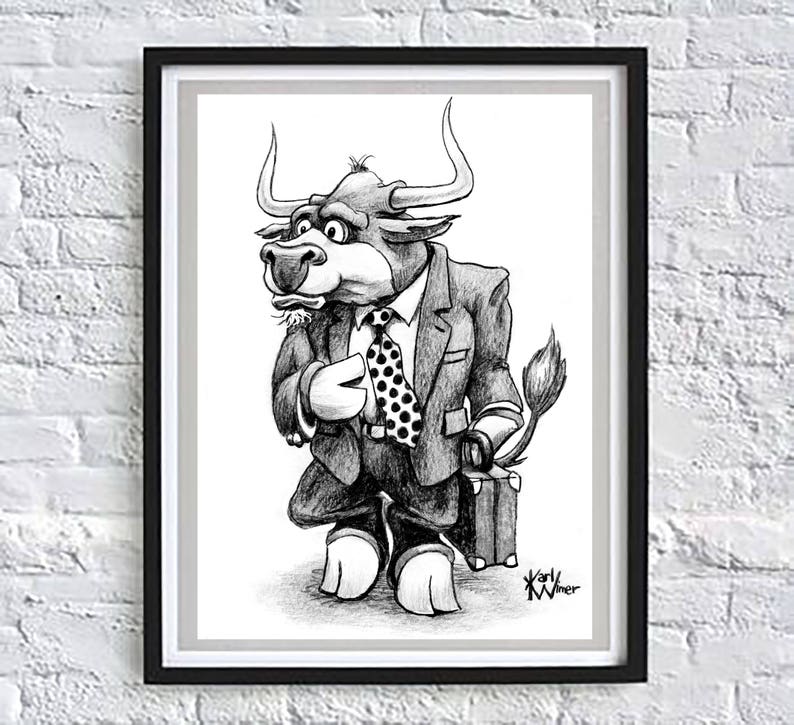 Bull in Suit StockmarketBusiness Cartoon Signed by Artist Print Southworth Heavy Linen Paper Business Gift