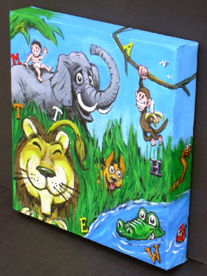 CUSTOM PAINTING: Newborn, Infant - Safari Theme with Letters of Name, Acrylic, Canvas