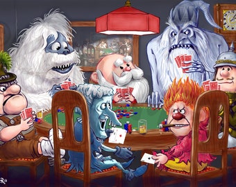 Weihnachtskarten: Urlaub Lieblingscharaktere treffen Hunde beim Poker Cartoon signierter Druck, gerahmt, Großdruck, Poster, auf Leinwand gedruckt