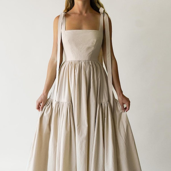 Cozette Dress: Unbleached Cotton Romantic Dress with Bow Straps