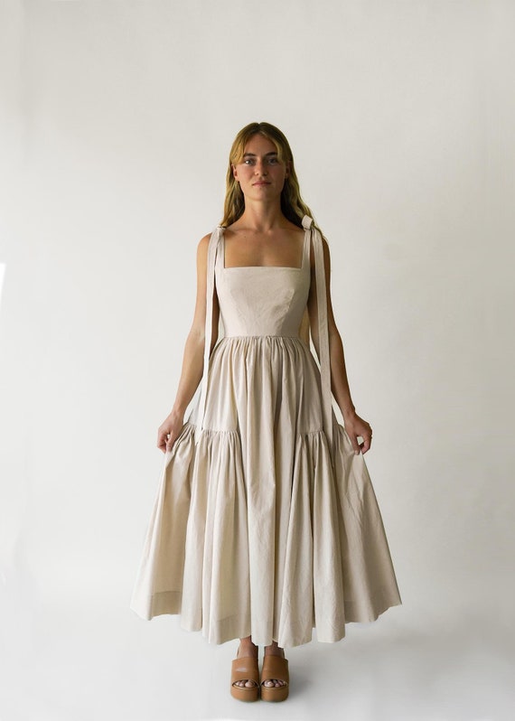 Cozette Dress: Unbleached Cotton Romantic Dress with Bow Straps