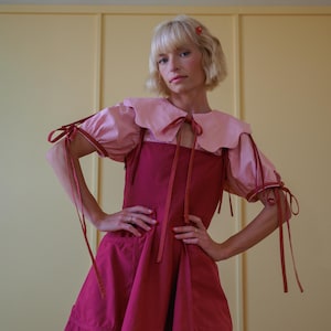 May include: A two-tone dress in shades of pink and red. The dress features a light pink Peter Pan collar and puffed sleeves with tie details. The bodice is a darker red, and the skirt has pockets.