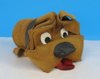 Vintage Odbods leather dog. 1970s leather hand made curiosity. Old and forlorn dog. Sad dog leather suede and fur