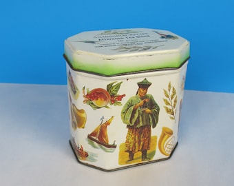 Vintage tea tin. Aternoon Tea Blend Boots Company Nottingham. Illustrated octagonal advertising tin with Christmas and tea production motifs