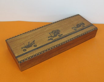 Vintage wooden box with vintage car images on the top. Hinged wooden box. Keepsake box. Jewelry box.