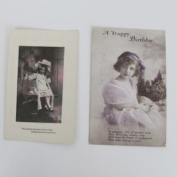 Antique photographic postcards. Two young girls. Real photo post cards, colorized. Sent postcards, early twentieth century, first world war.