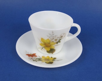 JAJ Pyrex Autumn Glory (Dahlia in the USA) Cup and Saucer. Multiple sets. Vintage English Pyrex.
