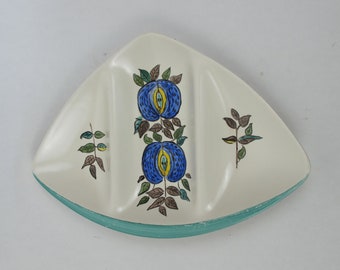 Lovely hand painted divided dish. Ceramic, made in 1964. Stylised blue pomegranates. Great shape! Party snacks dish