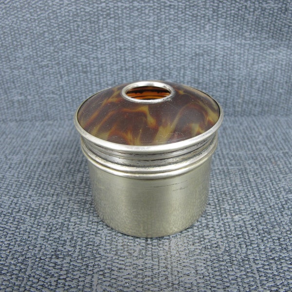 Vintage ink well. Silvertone metal with faux tortoiseshell lid. Lovely vintage desk decor.