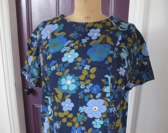 Vintage Floral Handmade Dress, Blue Teal Flowers