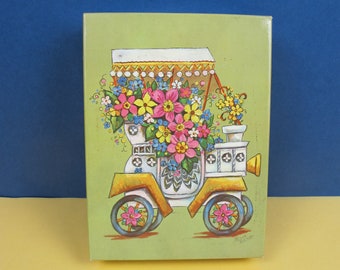 Vintage 70er Jahre Geschenk Aufbewahrungsbox, Auto mit Blumen Illustration